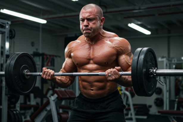 Homem malhando na academia com pesos para ganhar massa muscular