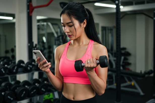 mulher levantando pesos na academia – Saiba quantas calorias se gasta em um treino de musculação.